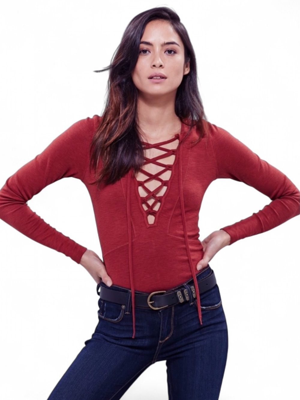Free People Lucky Lace Up Top Deep V Neck S Rust Orange Peasant Renaissance